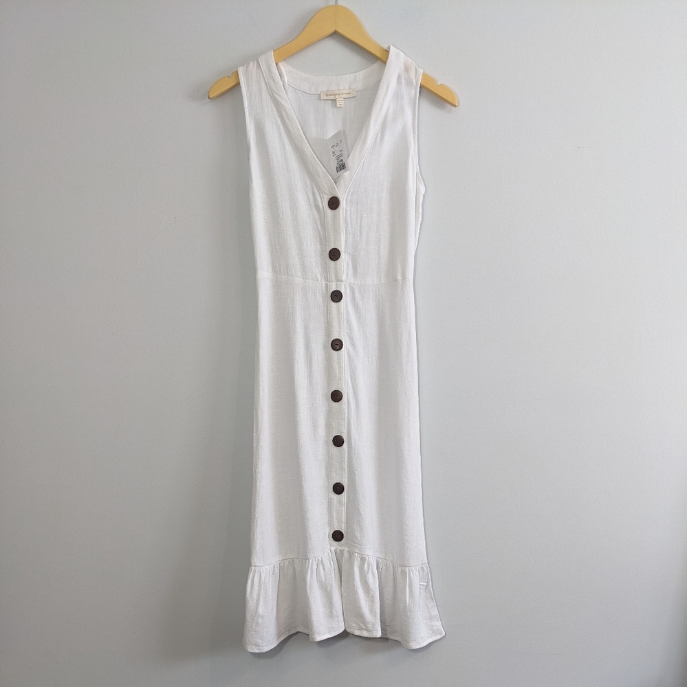 NWT Monteau Button Front V-neck Sleeveless Linen Blend Dress | XS | White